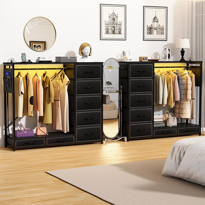 Commode avec support suspendu, commode pour chambre à coucher avec lumières à DEL et station de charge, coffre de rangement à 7 tiroirs avec crochets et poches latérales, noir