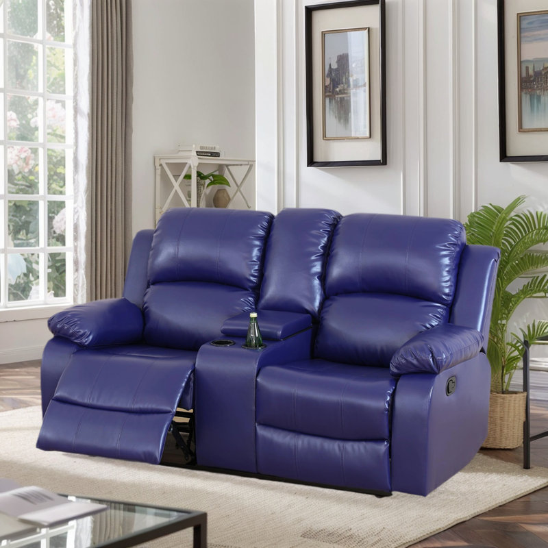 68" Premium Vegan Leather Reclining Living Room Loveseat With Middle Console And Cup Holders, Dark Blue