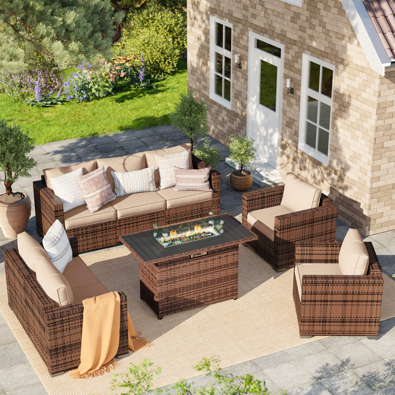 Azoriah 7-Person Wicker Outdoor Seating Group with Fire Pit Table, 26" H x 44.5" W x 28" D, Khaki