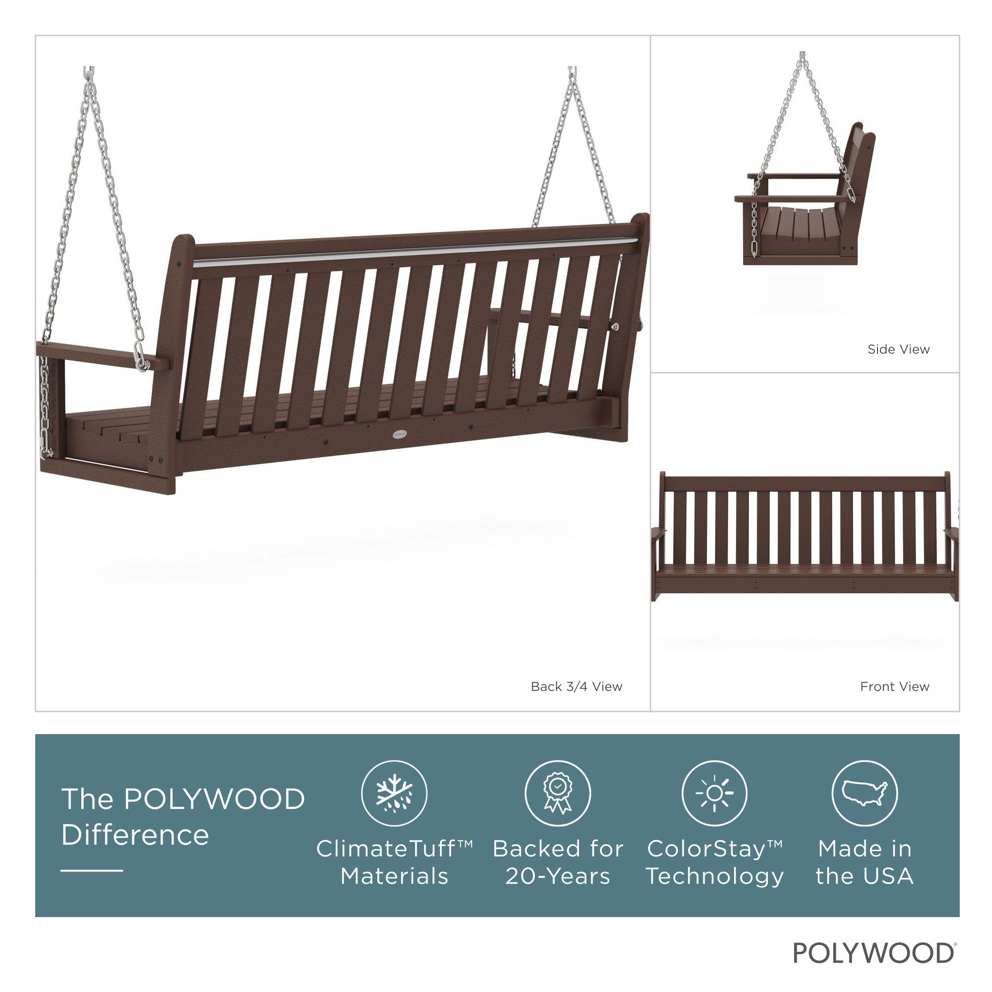 POLYWOOD Vineyard 60.5" Porch Swing, Mahogany