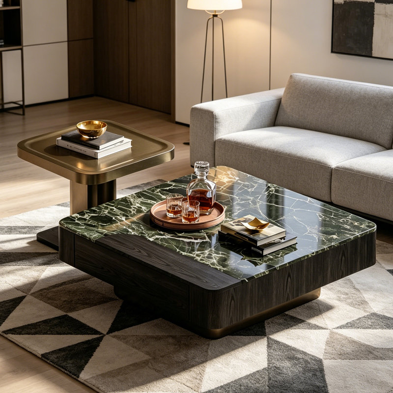 Table basse carrée en marbre de style luxueux, multicolor / Black