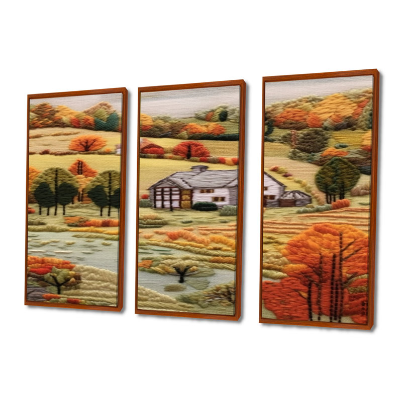 «White Farmhouse Green Autumn Landscape», ensemble d'art mural de ferme, H 40 po x l 60 po x P 1 po, Cadre flottant brun