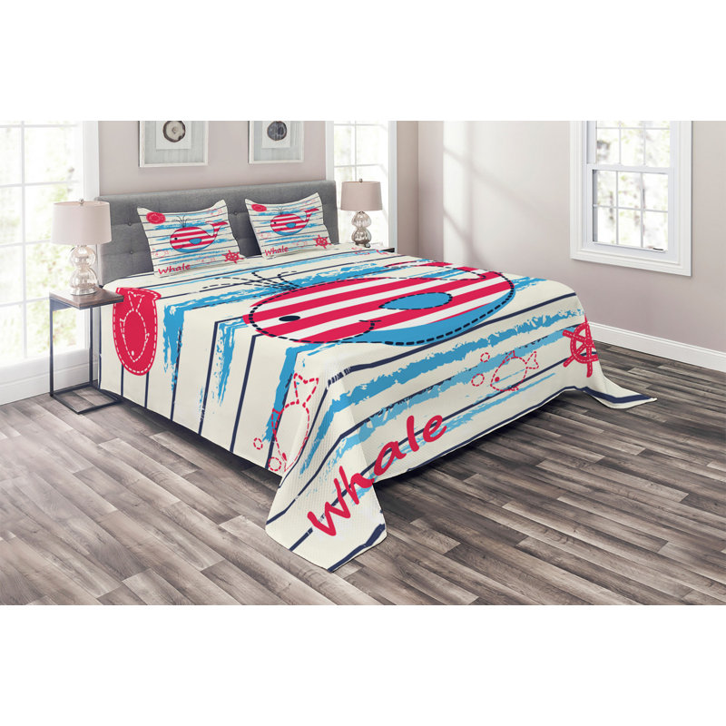 Cartoon Coastal Polyester Coverlet, King Bedspread + 2 Shams