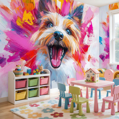 Wall Mural Peel and Stick Wallpaper Dog Colorful Animal Pet Puppy Butterfly Modern Bright Colors Bold Self-Adhesive Removable Contact Paper Wall Decor for Living Room Bedroom 69"H x 96"W