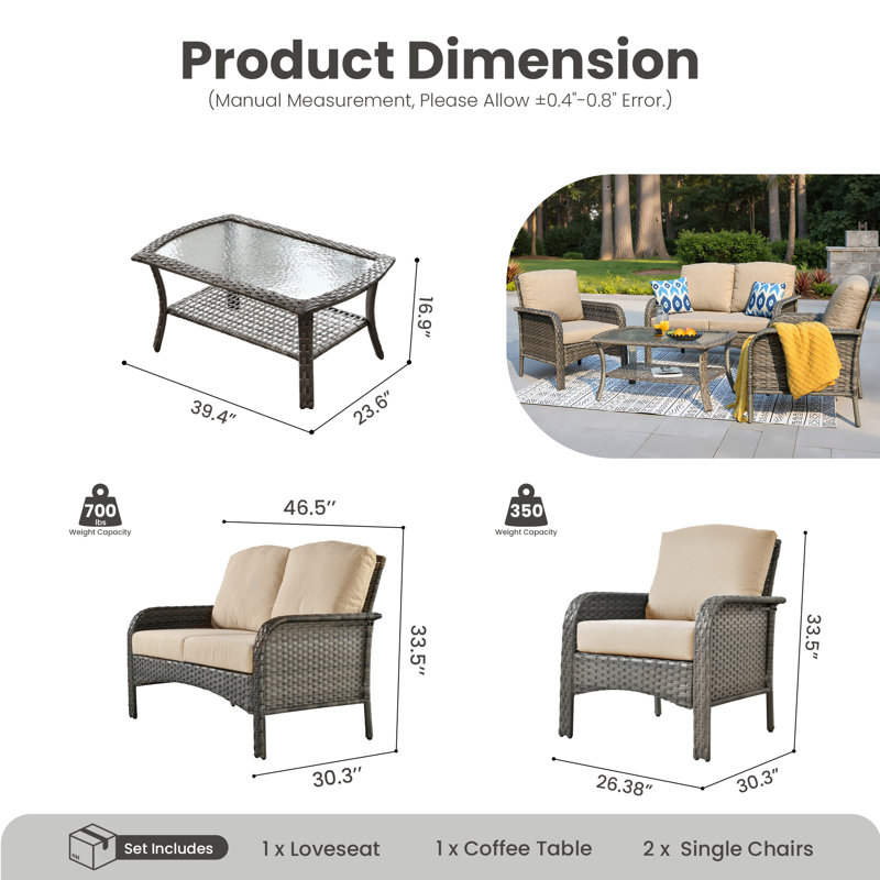 Jago Patio 4 Piece Rattan Sofa Seating Group with Cushions, Beige