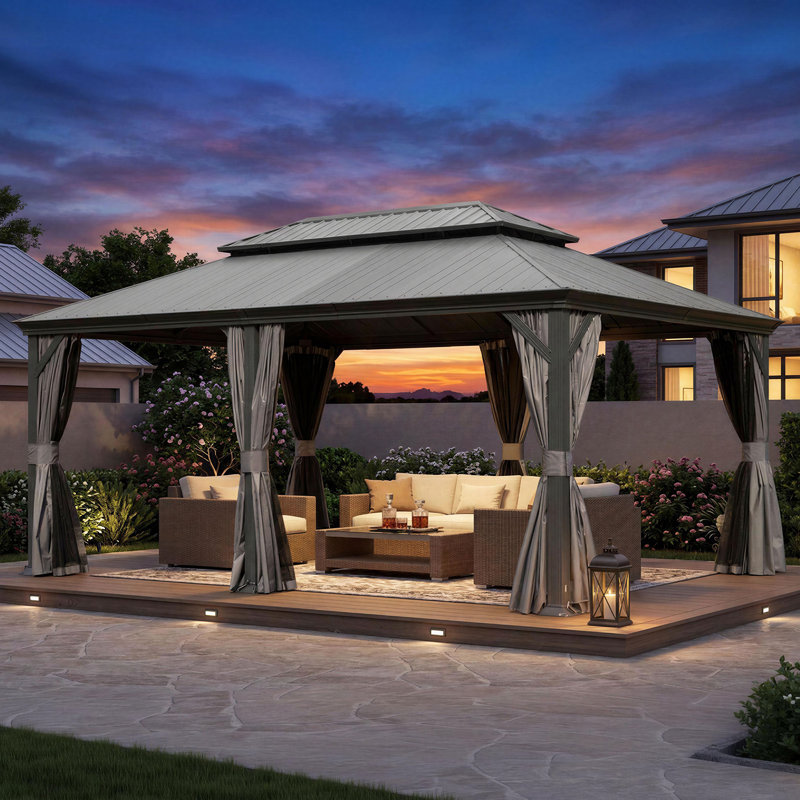 Outdoor Patio Metal Frame Gray Wood Grain Resin Roof Gazebo with Privacy Curtain Mosquito Netting, Gray