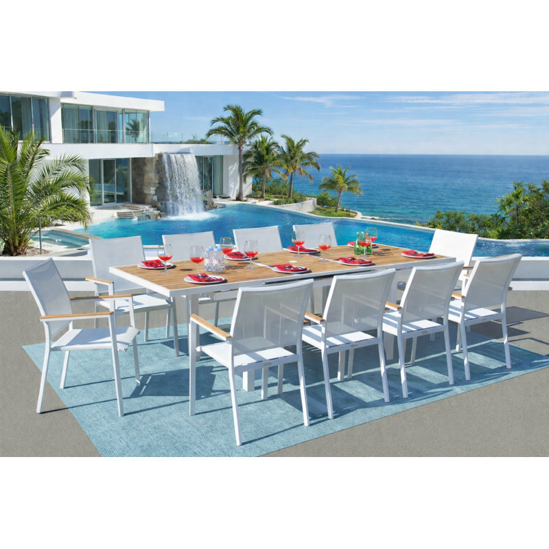 Ensemble de salle à manger d'extérieur blanc en aluminium 11 pièces Thomasson, 11 pièces: table, 10 chaises, Blanc