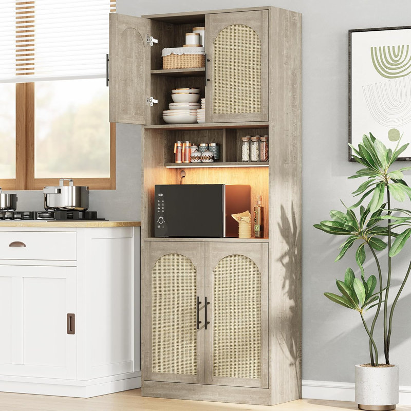 Armoire de rangement pour garde-manger de 71 po de hauteur avec tablette à micro-ondes et lumière DEL, armoire de rangement avec porte et tablette