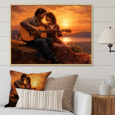 Romantic Couple Playing Guitar At Sunset - Romantic Landscape Canvas Wall Art
