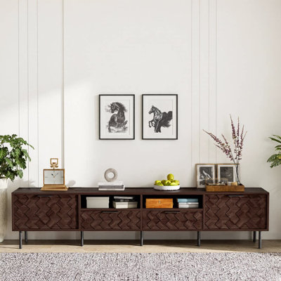 78" Modern TV Stand for TVs Up to 85 Inches | Entertainment Center with 3D Diamond Interwoven Pattern | Soft‑Closing Hinges & Cable Management | Iron Legs Media Console for Living Room | Dark Brown