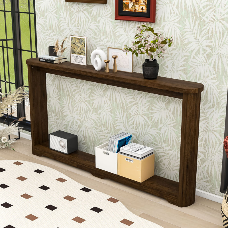 Modern Wooden Side Table with Wave Design – Narrow Hallway Table, Walnut