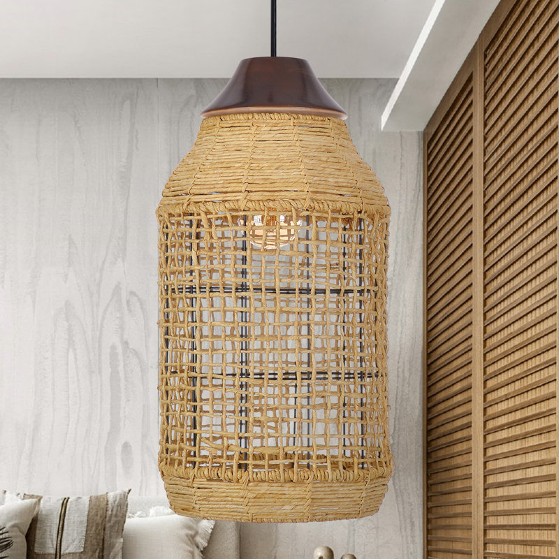 Luminaire suspendu rétro en rotin pour salle à manger, H 27,65 po x l 15,75 po x P 15,75 po