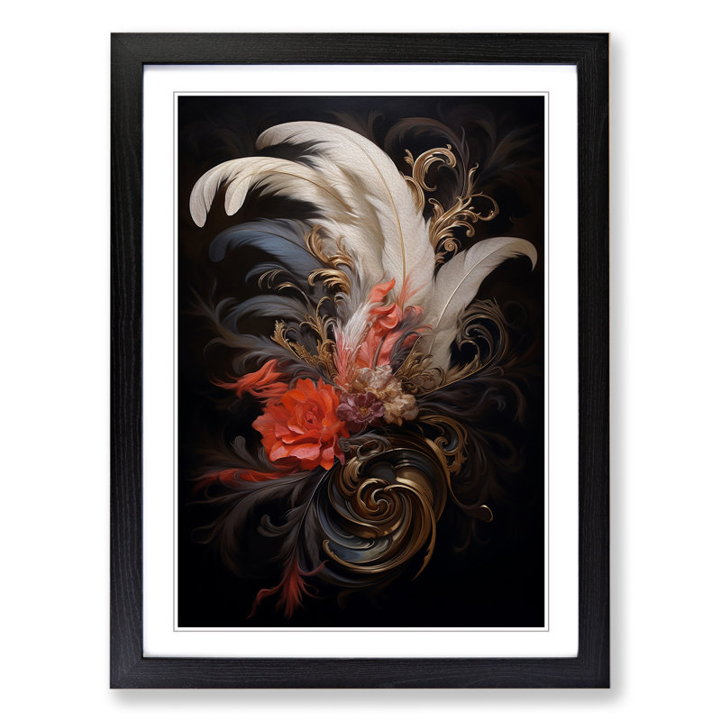 Feather Baroque - Single Picture Frame Print on Wood, 34cm H x 25cm W x 2cm D, Black