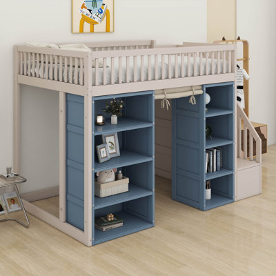 Full Size Loft Bed With Stairs And 2 Four-Layer Storage Cabinets And Curtain