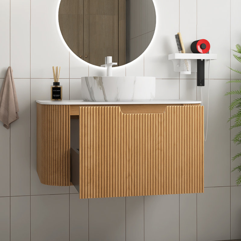 Meuble-lavabo mural avec plateau et tiroir, Naturel, 30", Marbre