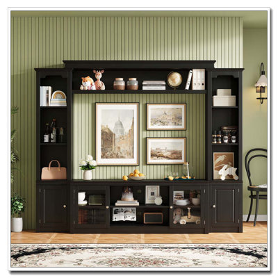 Meuble télé moderne avec bibliothèque pour téléviseur de 65 po ou moins, centre de divertissement avec 4 tablettes réglables, portes en verre trempé