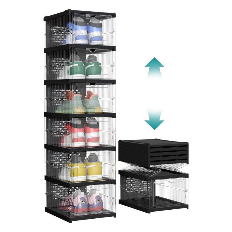 6 Pair Stackable Shoe Storage Box, Black