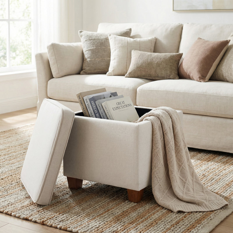 17.5" Square Storage Ottoman With Lift-Top, Upholstered In Linen/Faux Leather, Wooden Legs For Living Room Bedroom
