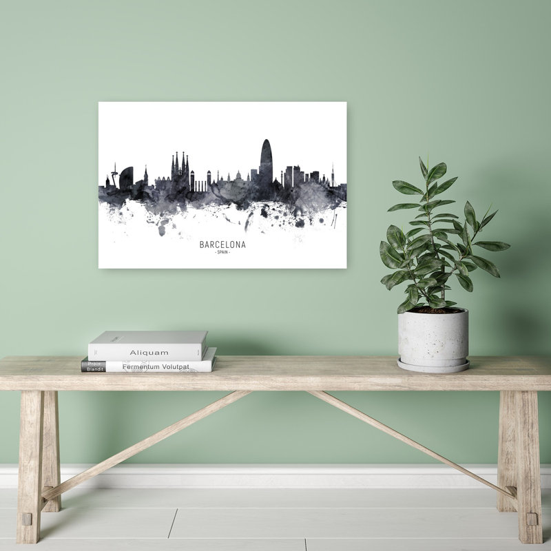 Barcelona Skyline Silhouette Abstract Contemporary Architecture City Wall Art Print by Michael Tompsett - 1 Piece Wrapped Canvas Wall Art