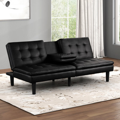 Contemporary Style Black Futon That Easily Switches To Bed, Biscuit - Seat And Back, Chargers, Drop Down Table With Cup Holders, 71.5"w X 35.5"d 32"h