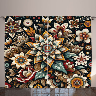 Ambesonne Curtains 2 Panel Set, Traditional Folk Garden Black Sepia and Orange -  p_sd1724_108x84