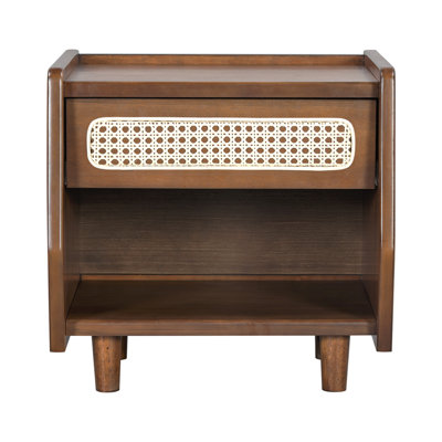 Walnut Nightstand with Rattan Detail, MDF + Solid Wood, Modern Bedroom Storage, Open Shelf & Drawer, Indoor Furniture