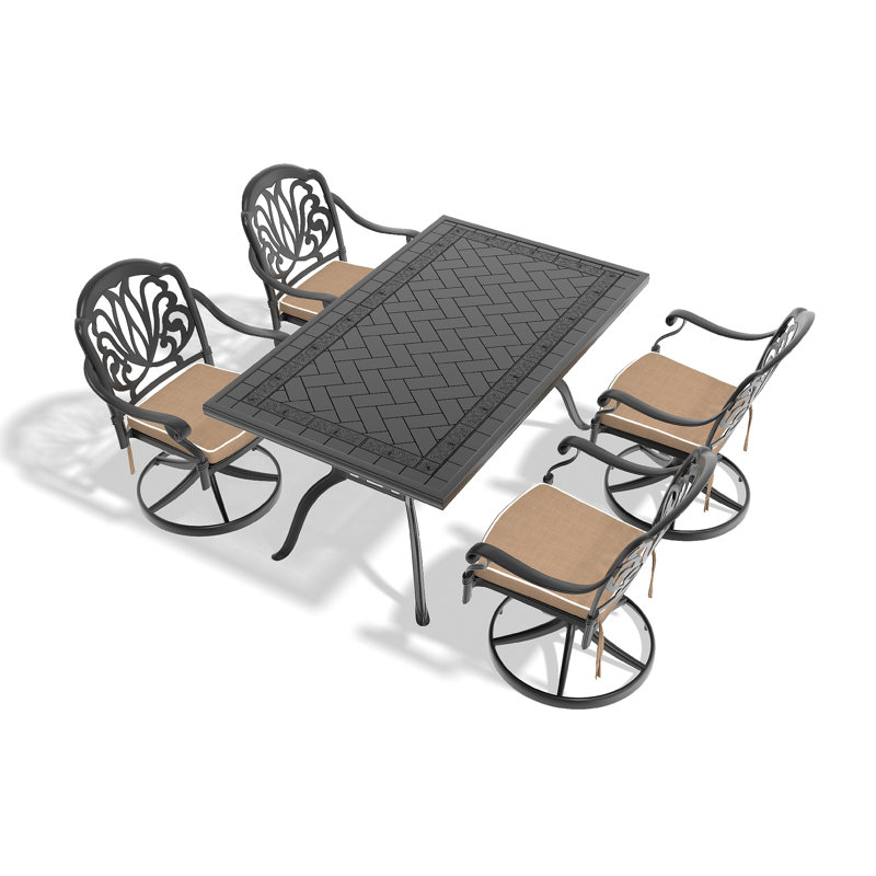 L'ensemble de salle à manger toutes saisons en fonte d'aluminium comprend 4 chaises pivotantes et une table rectangulaire avec une structure noire (même référence: W1710S00455)
