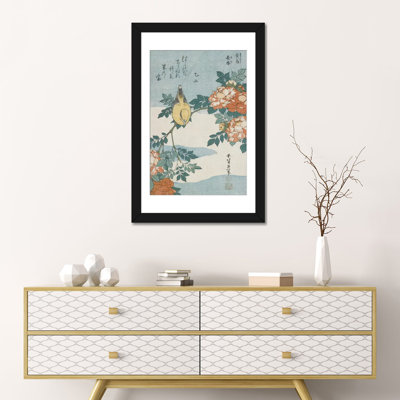 «Black-Naped Oriole and China Rose, c.1833» par Katsushika Hokusai, reproduction d'art sur toile