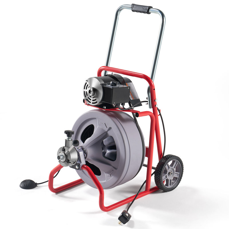 Nettoyeur de drain électrique de 100 pi x 3/8 po avec alimentation automatique et 9 couteaux, tarière à vis d'égout pour tuyaux de 1 à 4 pouces, interrupteur au pied et roues, idéal pour un usage domestique et commercial, gris / rouge
