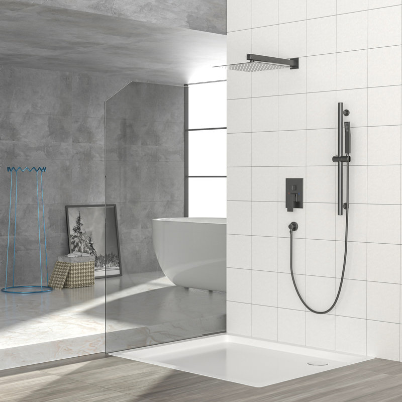 12 Inch Square Matte Black Shower - Wall Mounted With Adjustable Slide, Valve, And Dual Head System Bar, Rainfall Shower, Handheld Spray