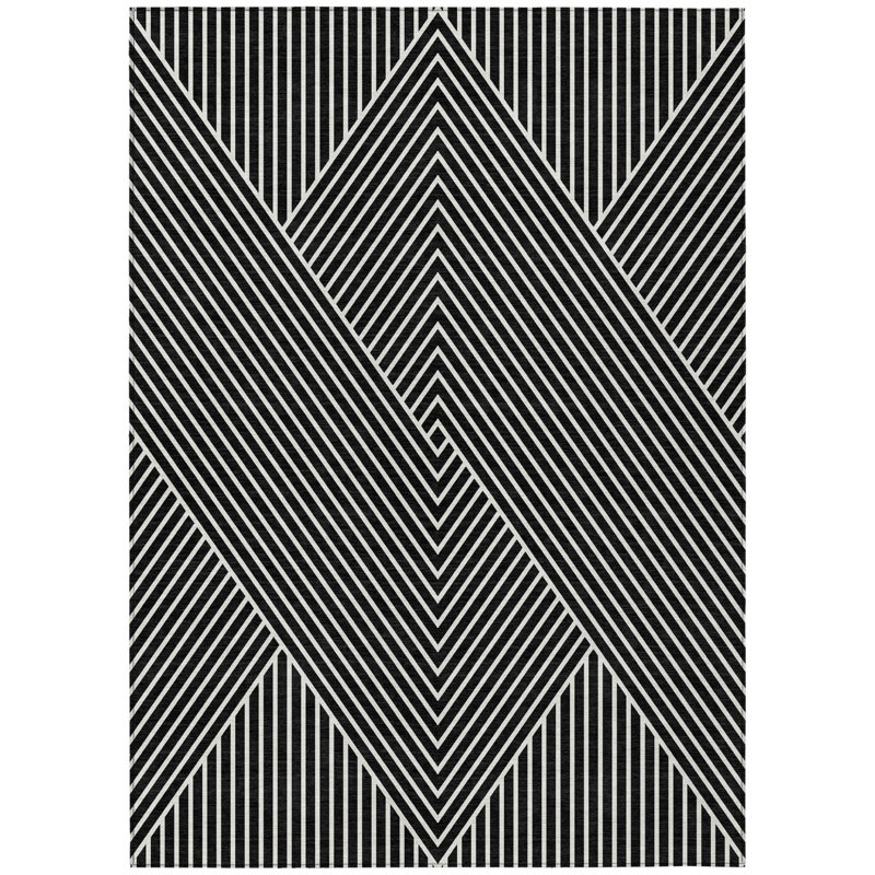 3' X 5' Black And Ivory Geometric Washable Indoor Outdoor Area Rug
