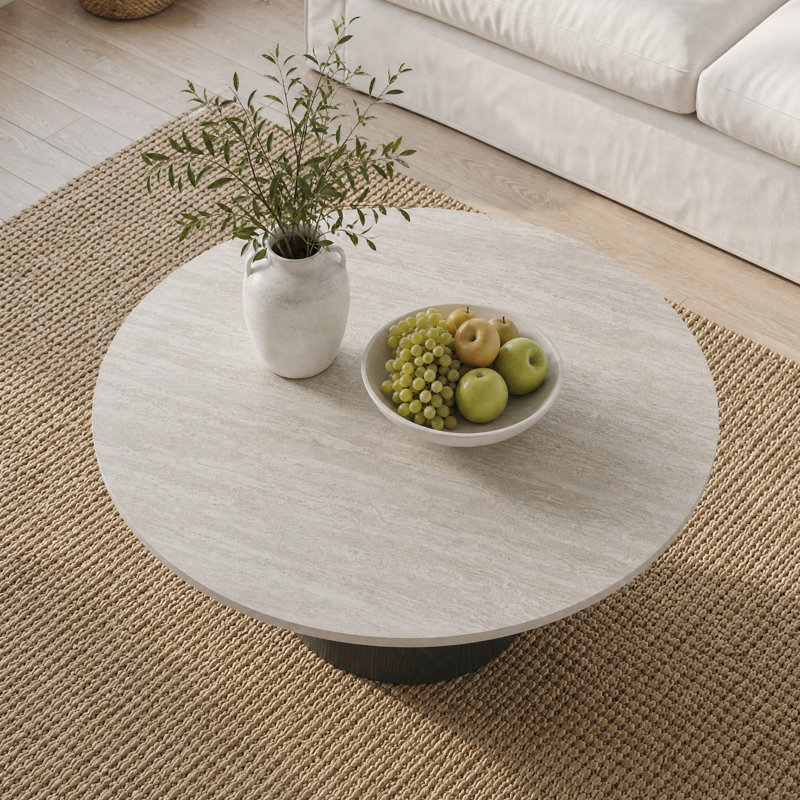 Table basse ronde moderne noire de 35 po / 41 po Meranda avec centre en pierre frittée et piédestal en bois massif pour le salon, facile à assembler