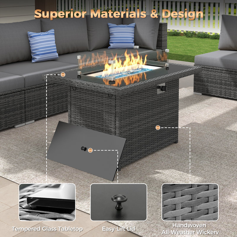 Watchet Outdoor Wicker Fire Pit Table, 60,000 BTU Rectangular Propane Fire Pit, Natural Gas Convertible Fireplace, Gray