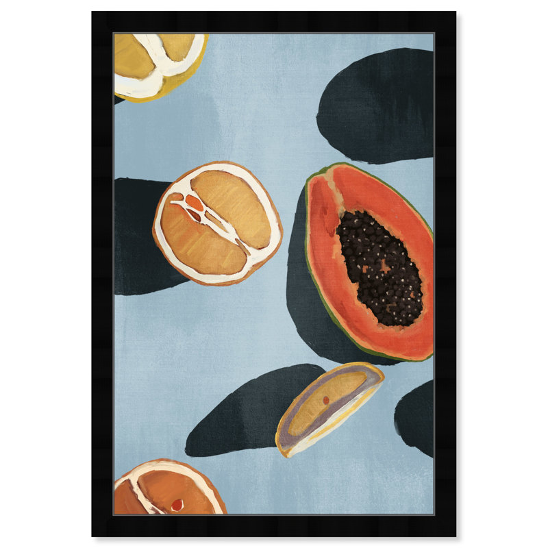 «Papaya Blues, Tropical Fruit Cocktail Modern Blue», impression encadrée pour la cuisine, H 36 po x l 24 po x P 1,75 po