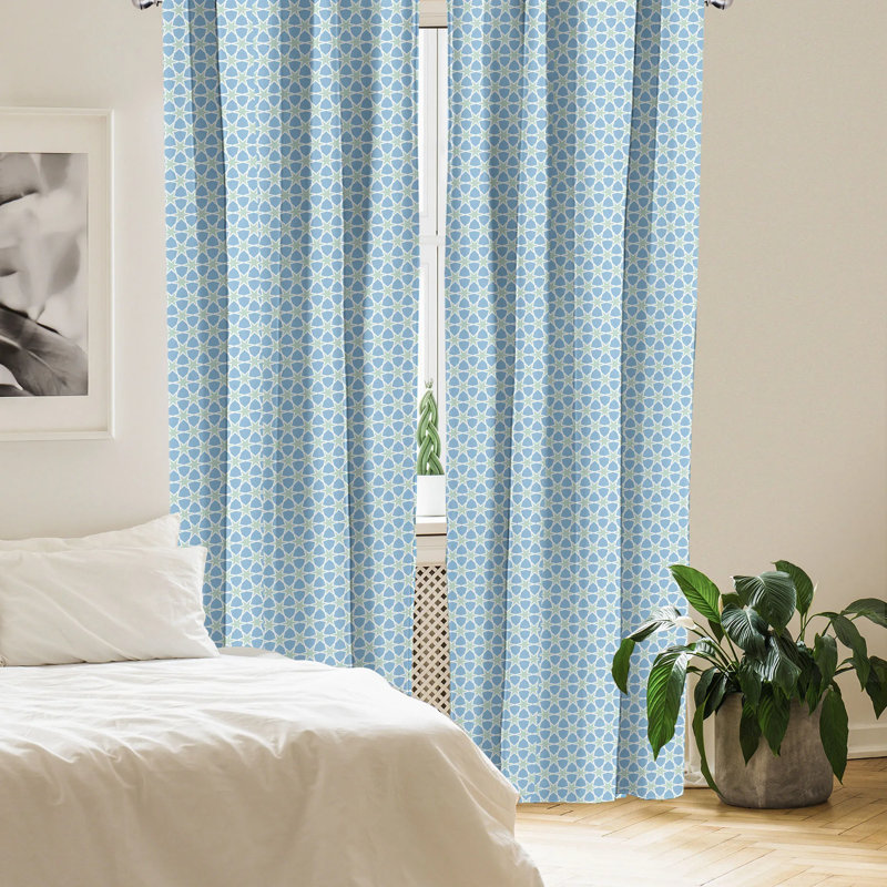 Blue and White Moroccan Pattern Rod Pocket Curtains, 28" x 84" Set of 2