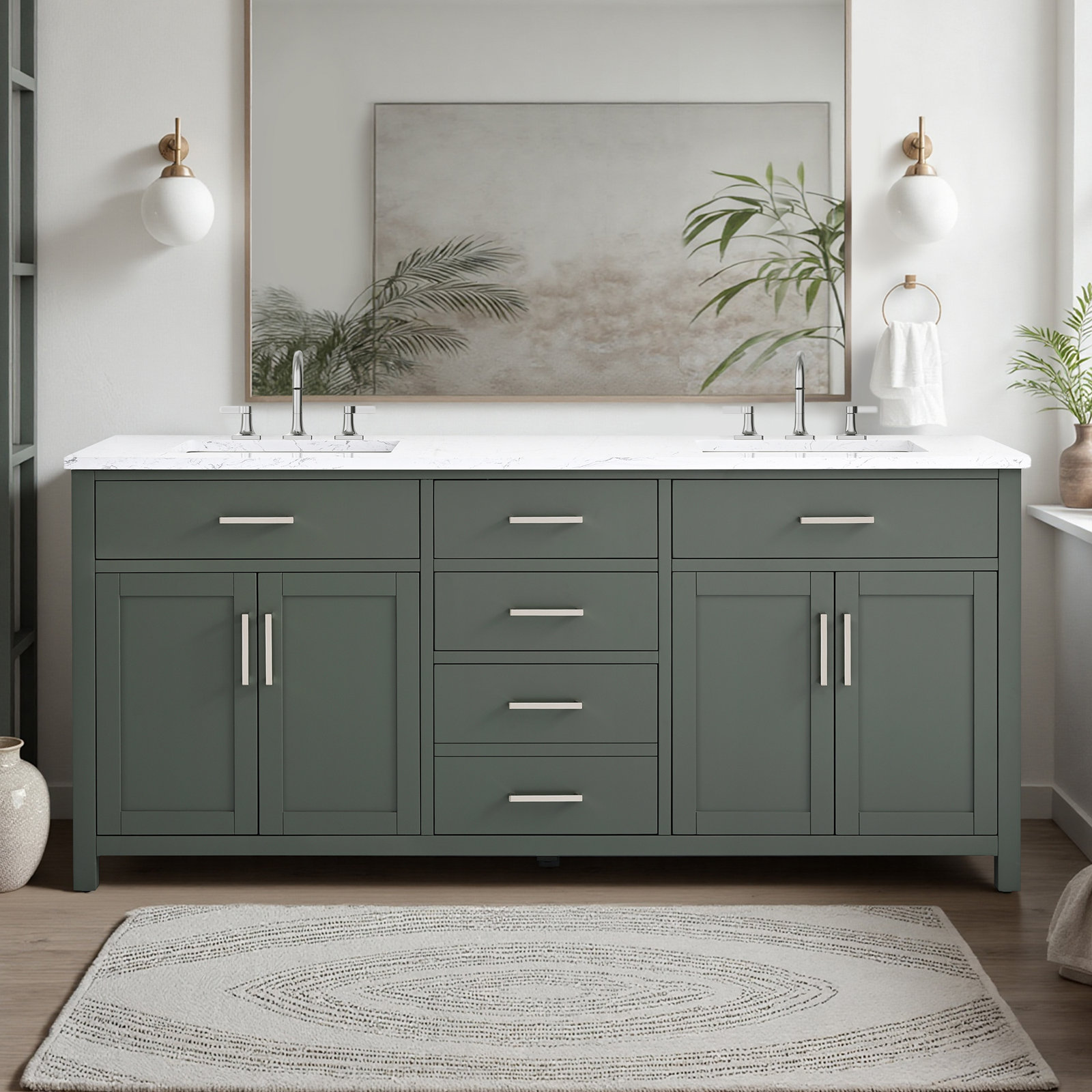 Shamar 72" Double Bathroom Vanity With Engineered Marble Top, Vintage Green
