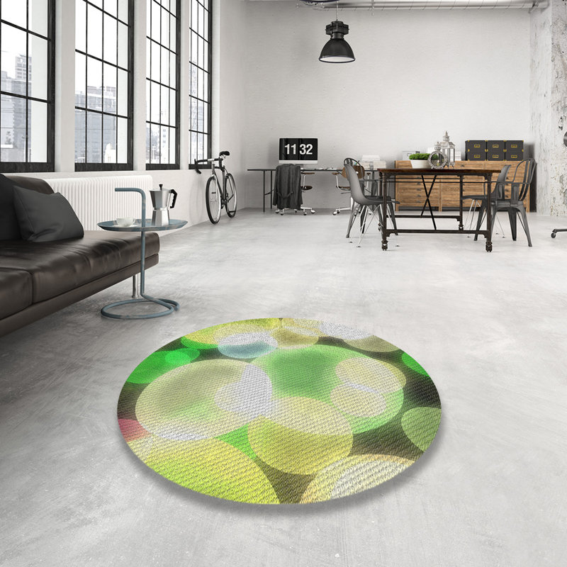 Tapis vert/brun à motifs, Rond 4 pi