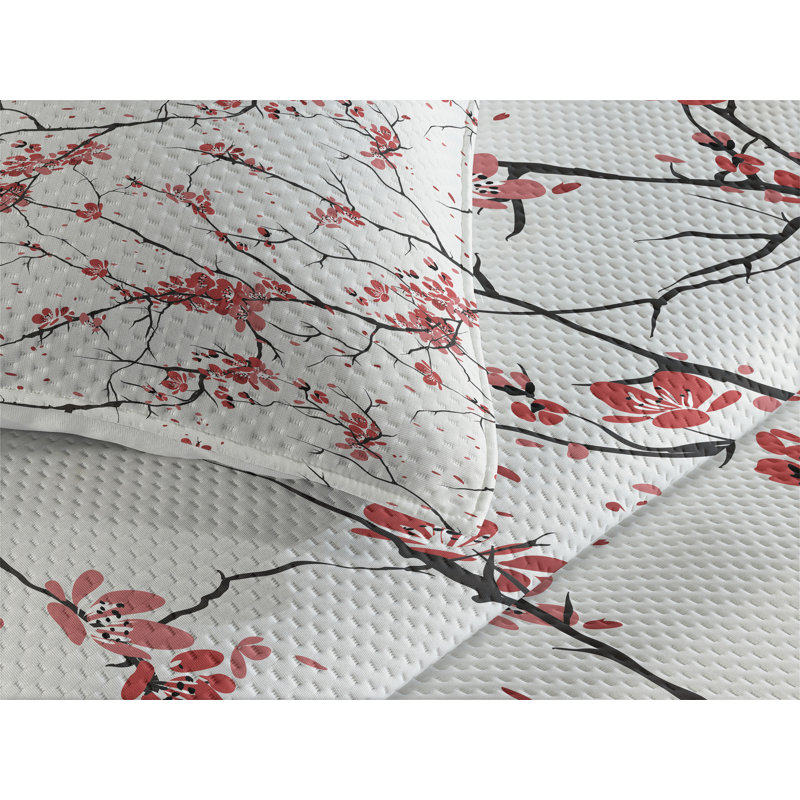 White Twin Quilted Bedspread Set with Floral Design