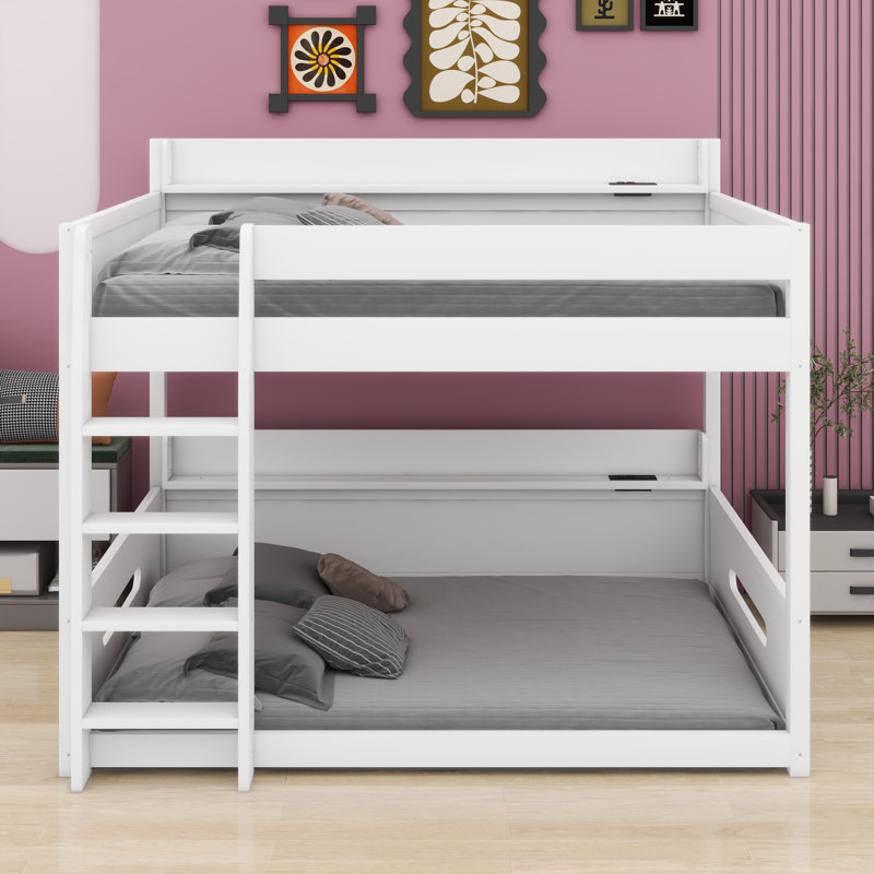 Lit superposé moderne avec tablettes de rangement intégrées et stations de charge USB intégrées, White