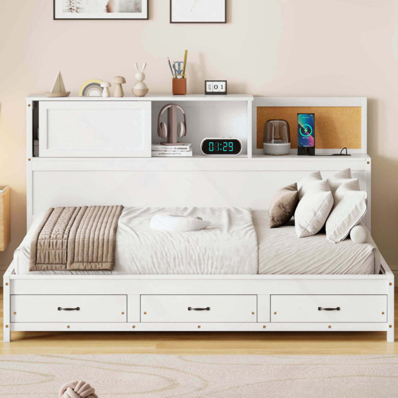Lit de jour en bois avec 3 tiroirs de rangement, tableau souple supérieur, tablette et ensemble de prises et ports USB