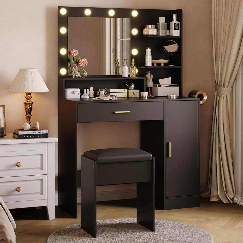  Modern Vanity Desk with LED Mirror & Power Outlets – Large Storage Drawers, Shelves, Hairdryer Rack, Cushioned Stool – Makeup Dressing Table for Bedroom, Home Office, Black