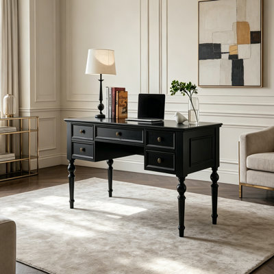 Black Durable Solid Wood 5-drawer Writing Desk