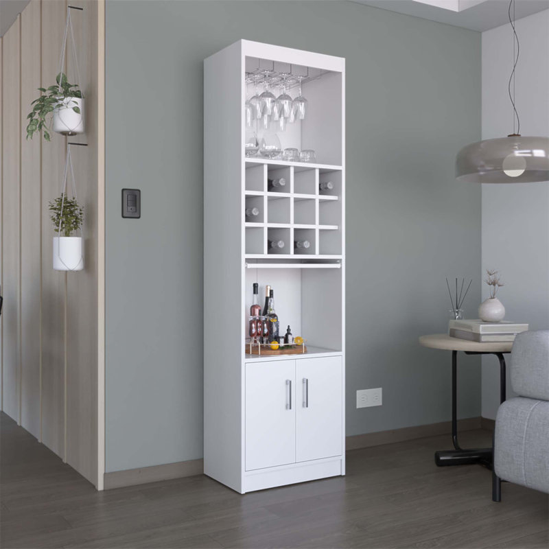 Armoire de bar moderne de 71 pouces de hauteur avec support en verre, porte-verres à pied, rangement pour bouteilles de vin et de spiritueux, tablettes à 5 niveaux et plateau coulissant