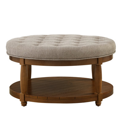 Large Upholstered Footrest, Open Storage Design, 32.5 - Inch Dimensions With Linen Upholstery, Wood Shelf Storage, 300 Pound Capacity