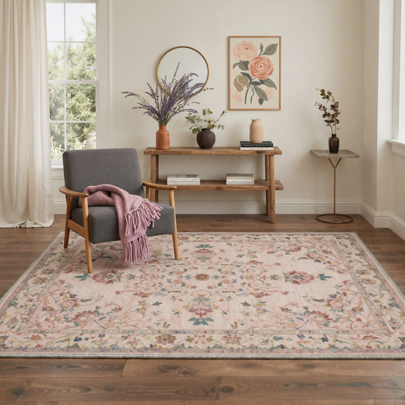 Abadou Bloomvale Vintage Floral Pink Machine Washable Non-Slip Area Rug, Rectangle 6' x 9'