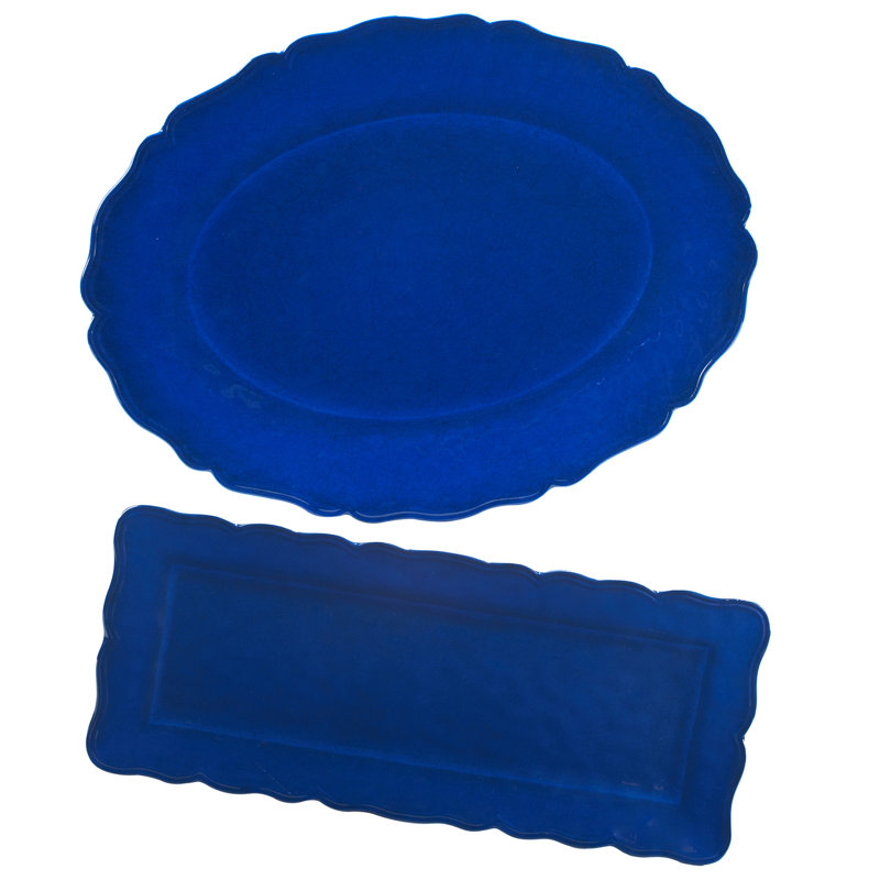Ensemble de 2 plateaux en mélamine craquelée bleu indigo