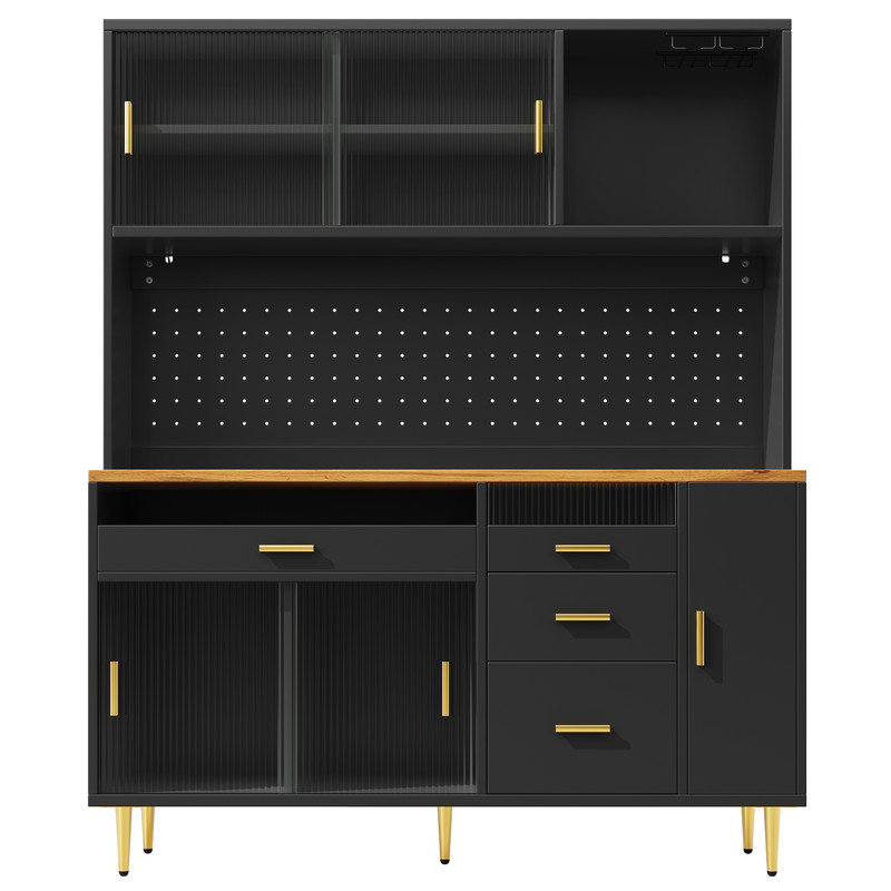 Black Tall Storage Cabinet with LED Lighting & Pegboard Shelves, Highboard for Living, Affordable Organization