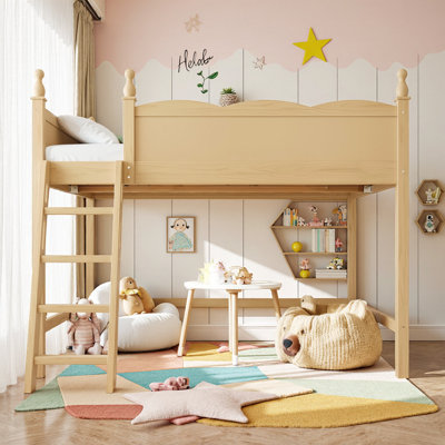 UnaCubby Solid Wood Loft Bed with Full-Length Guardrails and Built-In Ladder