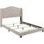 Grand lit à oreilles tapissier cuivré beige, rembourré doux, dossier haut pour chambre à coucher, ambiance moderne et classique enveloppée de tissu, aspect raffiné-379875541