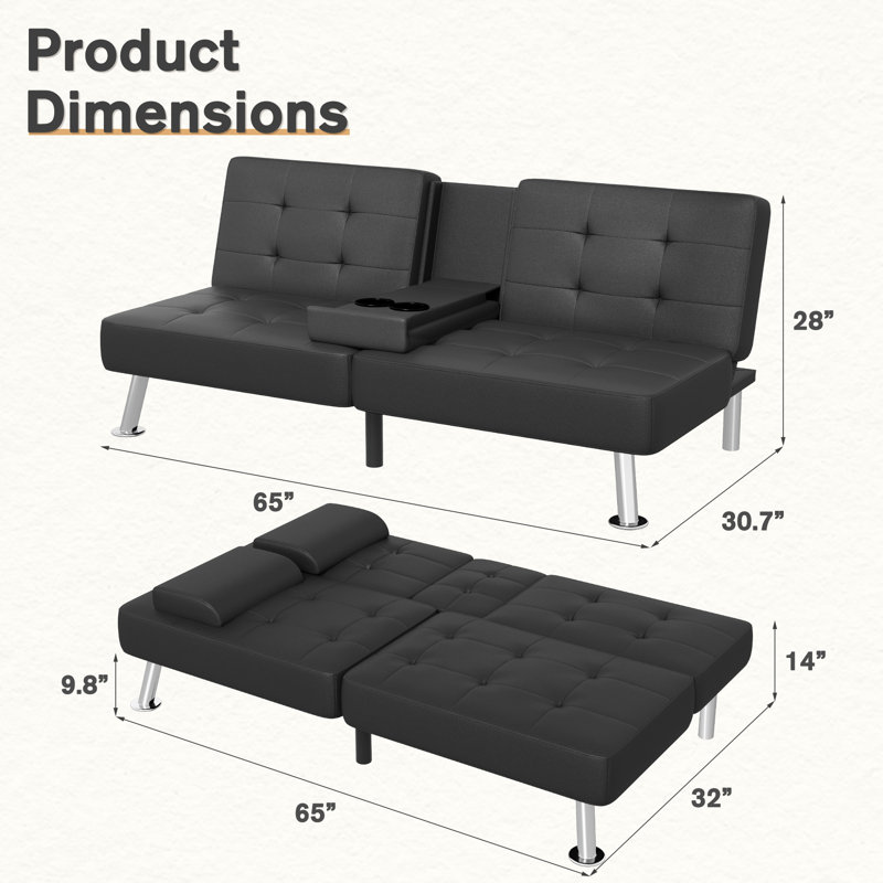 65" Futon Sofa Bed, Faux Leather Convertible Futon Couch with Removable Armrests, Loveseat Futon Sleeper Recliner for Living Room with 2 Cup Holders